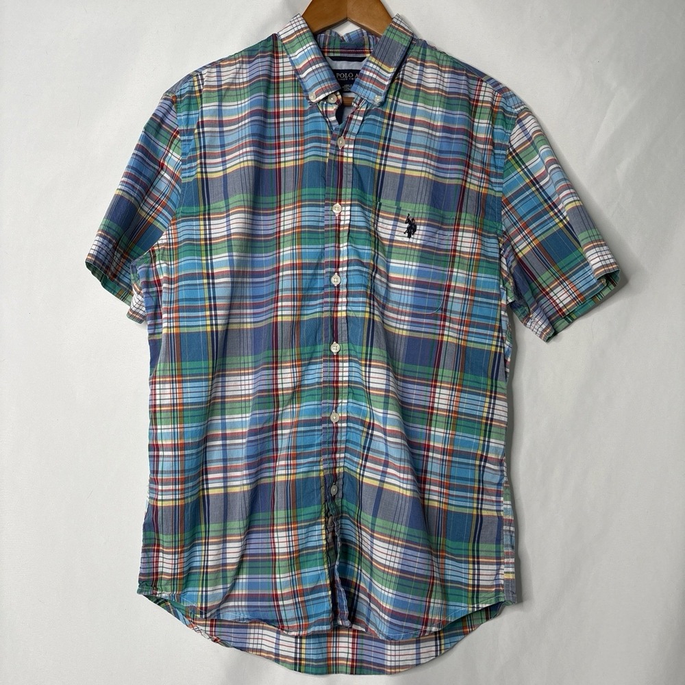 U.S. Polo Assn Short Sleeve Shirt M Colorful Plaid Button Down Embroidered Blue